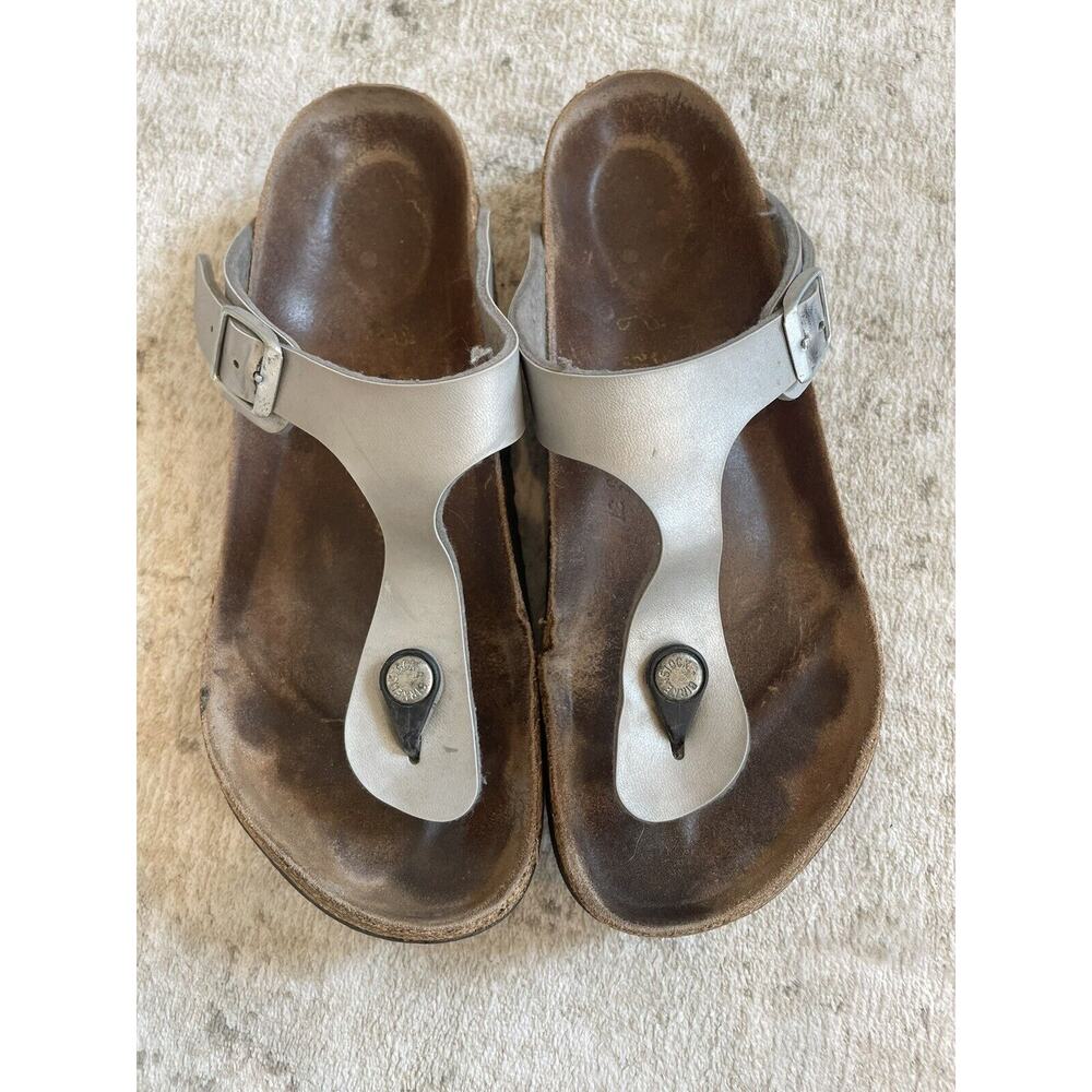 Birkenstock Size 39 Gizeh Birko‎ Flor Sandals Silver Leather Buckle Preloved